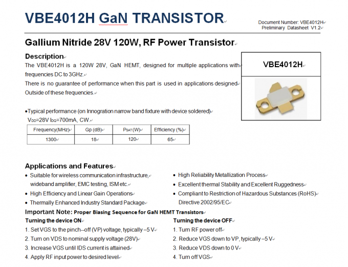 Solid Material High Speed RF Power Transistor Wide Band DC To 3GHz 120W